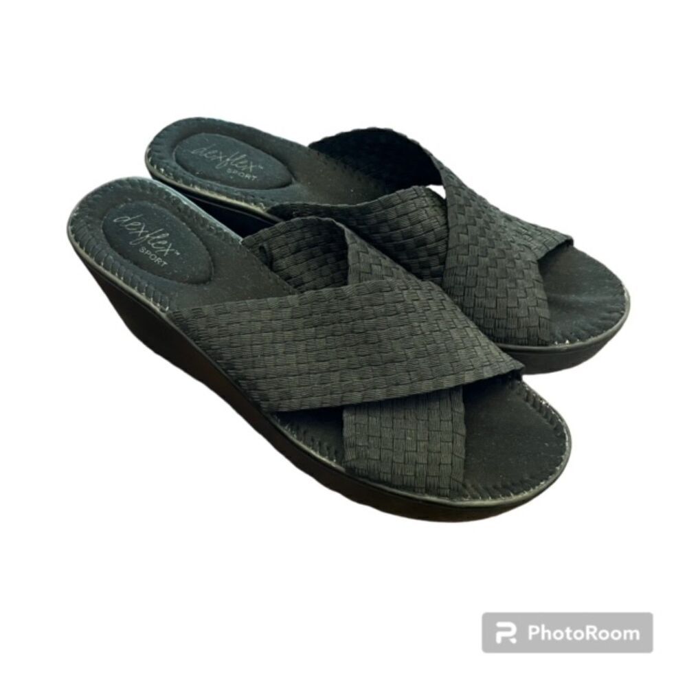 Dexflex Sport Wind Vent Wedge Sandals Woven Criss Cross Straps Black Size 10‎